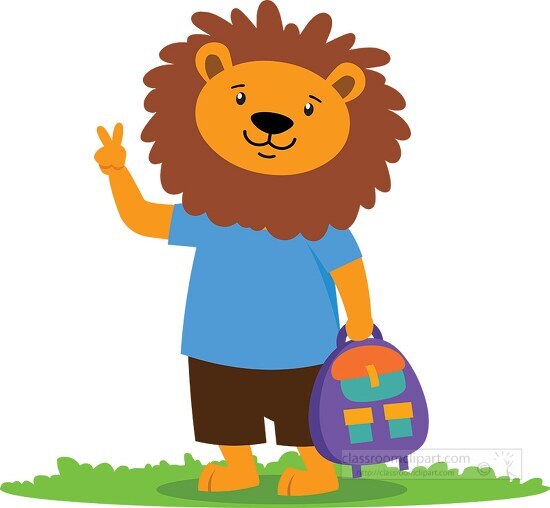 cute young lion character holding school backpack clipart