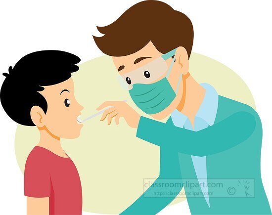 dentist checking upper teeth of young patient clipart