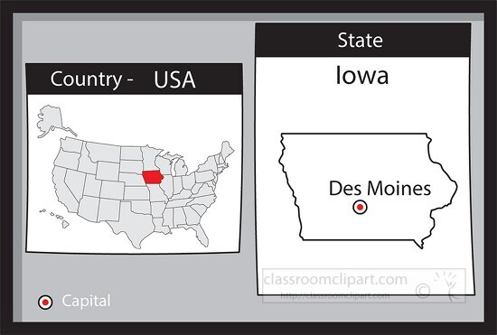 des moines iowa state us map with capital bw gray