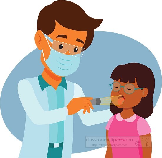doctor giving physical exam to child checking throat clipart