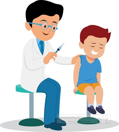 doctor giving shot to young boy grimaces clipart