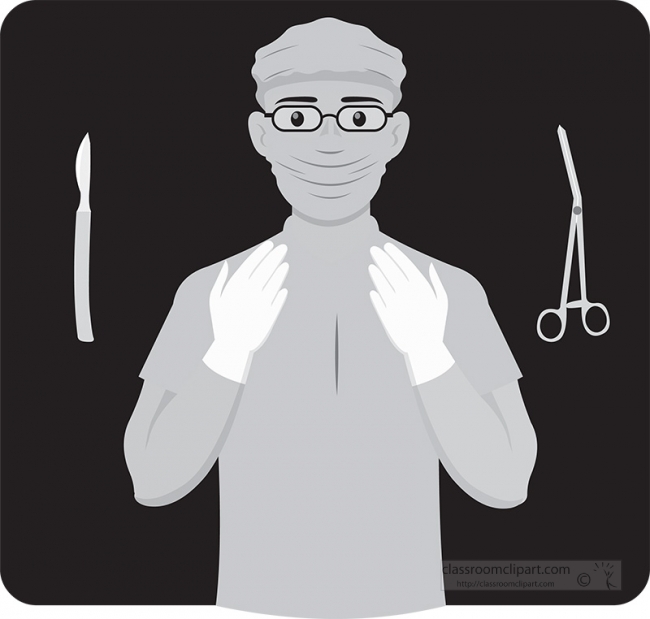 doctor wearing surgery mask gloves with surgery tools gray color