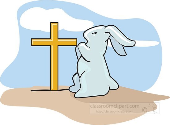 easter bunny praying in front of cross