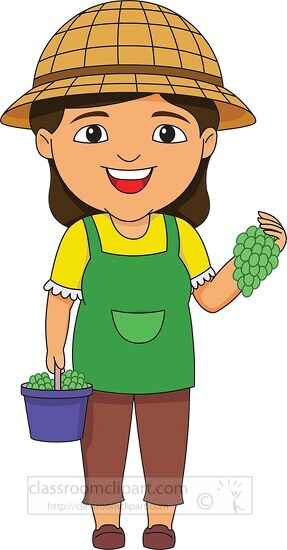farm girl collecting grapes in bucket clipart 2
