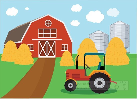farm with red barn tractor silo piles of hay clipart