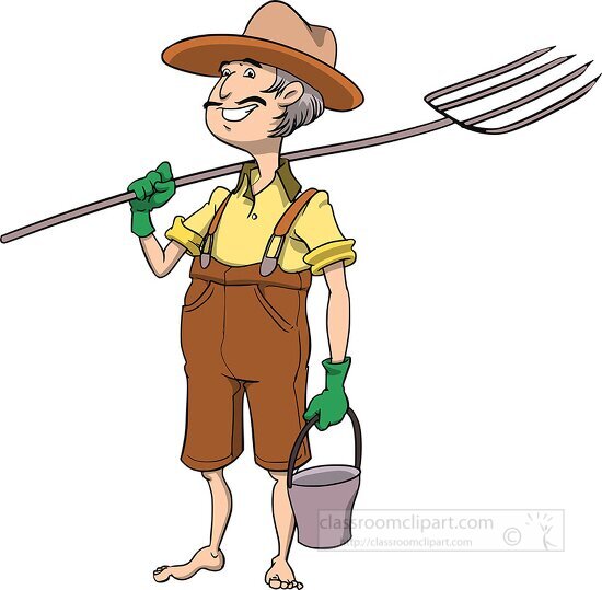 farmer holding pale and pitchfork
