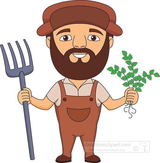 farmer wearing overalls with spading fork and plant clipart