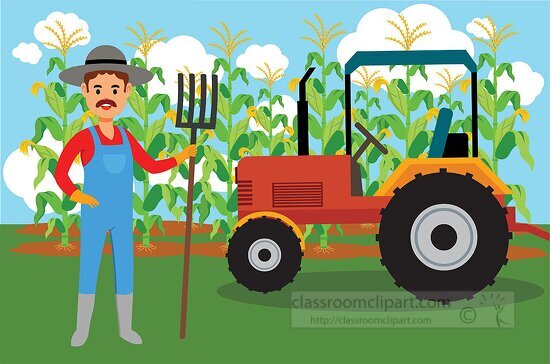farmer with pitch fork standing near tractor and corn crop clipa