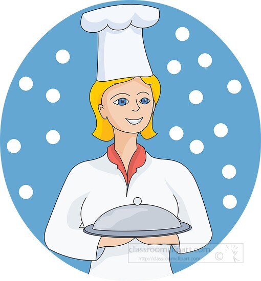 female chef wearing hat holding plate clipart