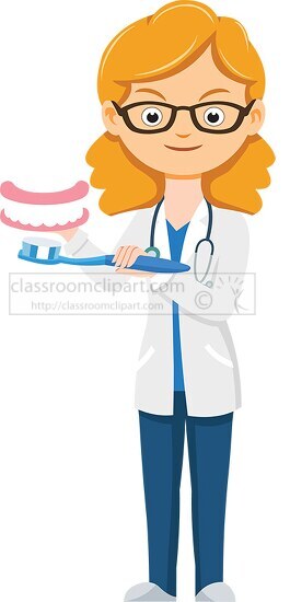 female dentist holding toothbrush and demonstration teeth clipar
