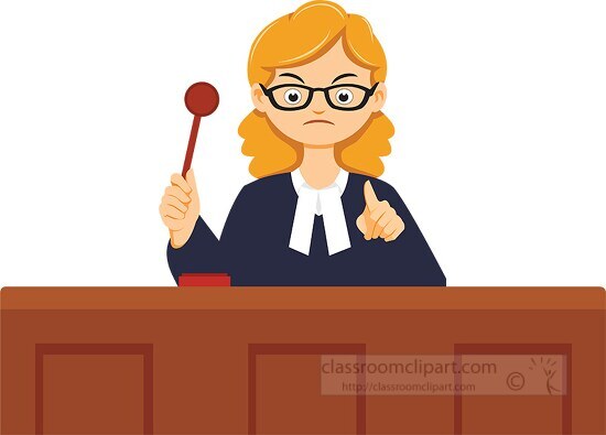 female judge holding gavel in courtroon clipart