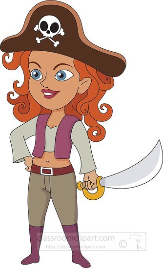 Pirate Clipart-female pirate wearing hat holding sword clipart