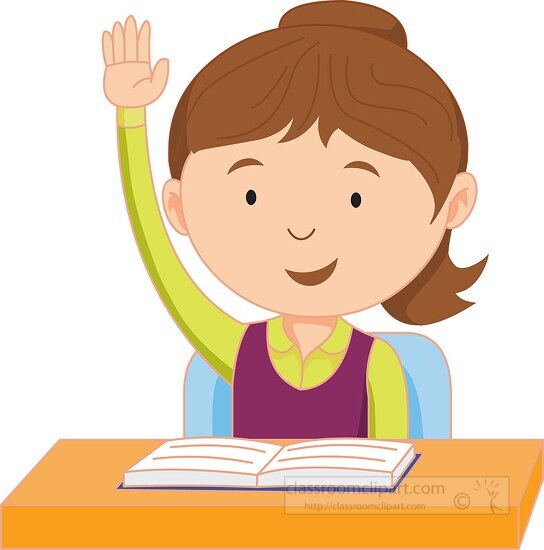female student raising hand in the classroom clipart