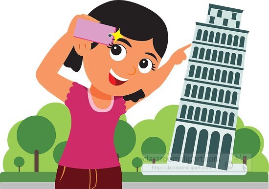 female tourist taking selfie leaning tower of pisa