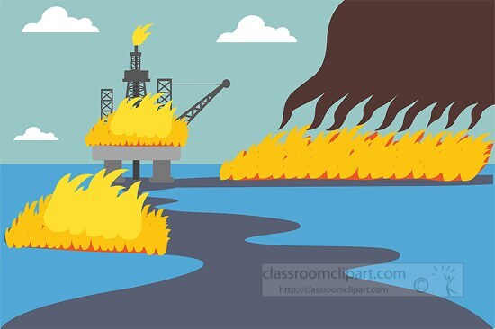 fire on oil rig platform oil spill in the ocean clipart