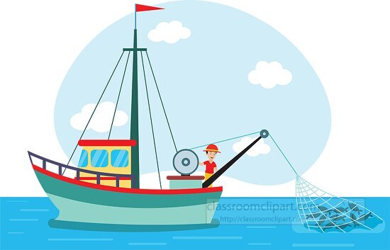 Boats and Ships Clipart-fisherman on fishing boat with their catch net full  of fish clip