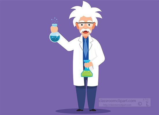 flat illustration of male scientist holding beaker flask vector 