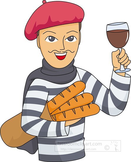 french man with bread and red wine clipart