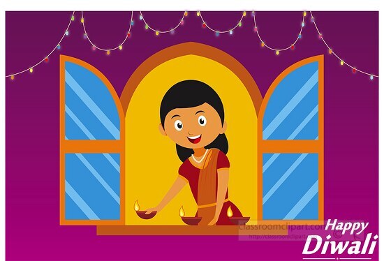 girl decorating house with oil lamp diwali clipart