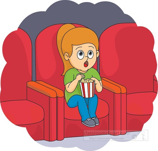 girl eating popcorn while watching movie in theater clipart