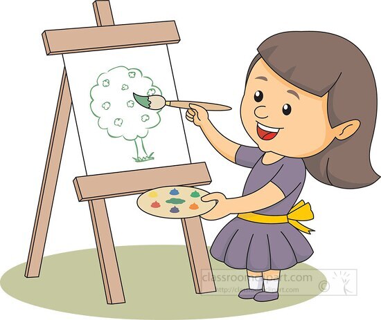 girl holding paint brush painting a tree clipart