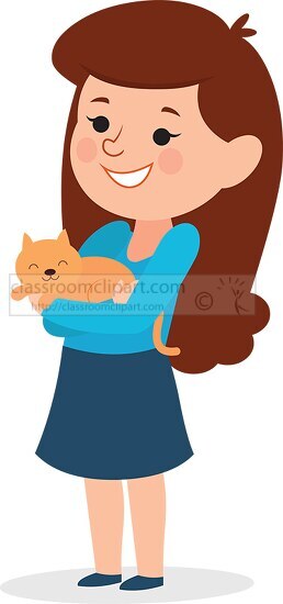 girl kid holding cute pet cat clipart