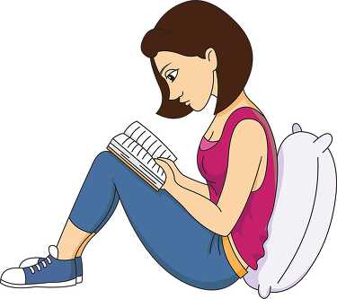 girl leaning against pillow reading book clipart