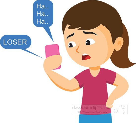 girl looking at phone responding to cyberbullying clipart