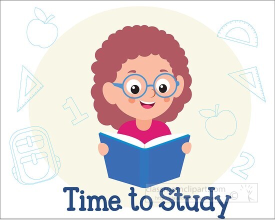girl reading book time to study school clipart