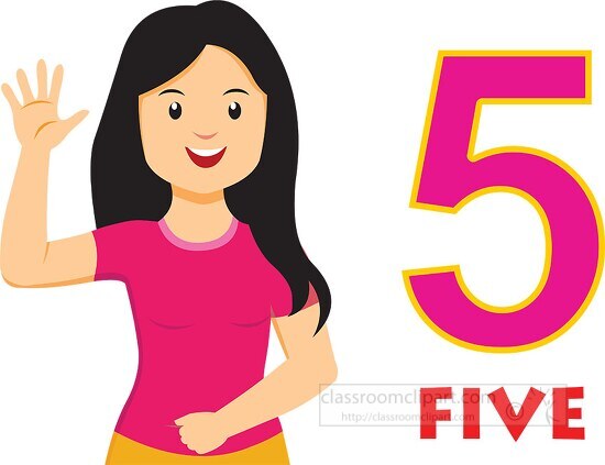 girl showing and saying counting number 5 clipart