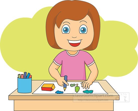 girl sitting at desk ready for creating art work clipart