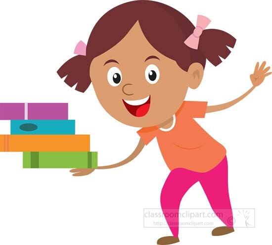 girl standing balancing books in hand clipart