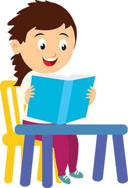 girl student sitting at desk reading book clipart
