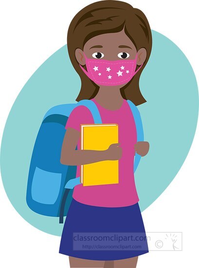 girl student with backpack and book wearing facial mask