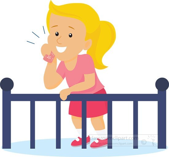 girl talking on phone leaning on railing clipart