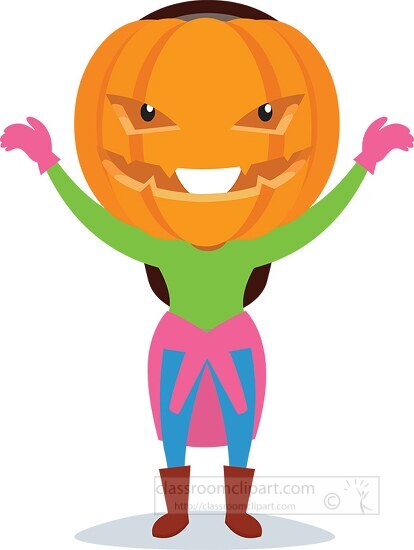 girl wearing scary pumpkin mask on head halloween clipart