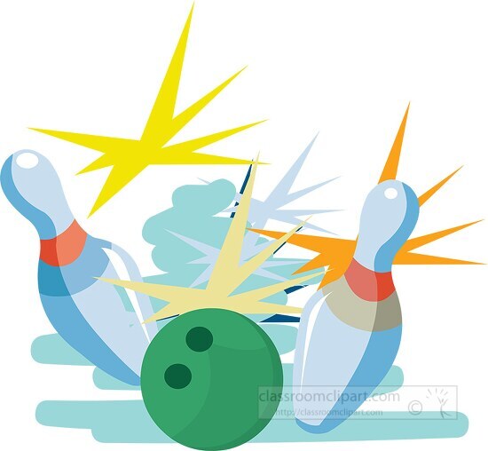 green bowling ball striking three pins with force clipart