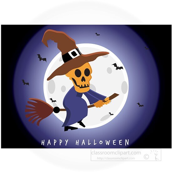 halloween full moon scary skeleton flying on broom clipart