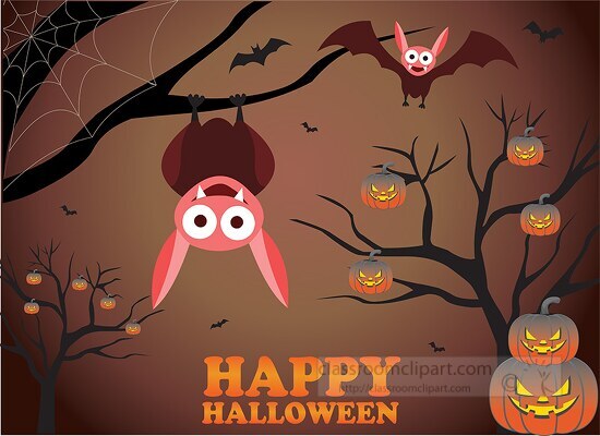 halloween with scary hanging bats on tree with pumpkin clipart