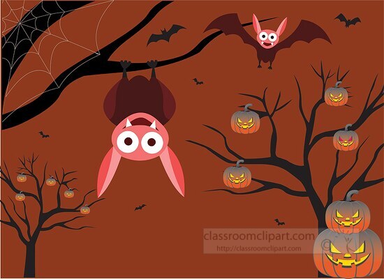 halloween with scary hanging bats on tree with pumpkin clipart a