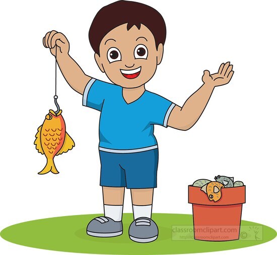 Fishing Clipart-happy boy with bucket of fish clipart