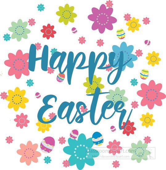 happy easter with flowers and decorated eggs vector clipart