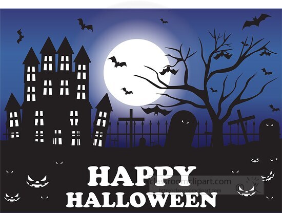 happy halloween with bats flying haunted house scene of graveyar