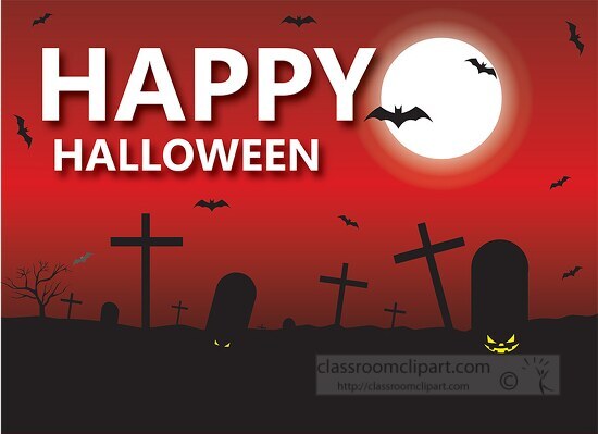 happy halloween with bats flying scary scene of graveyard clipar