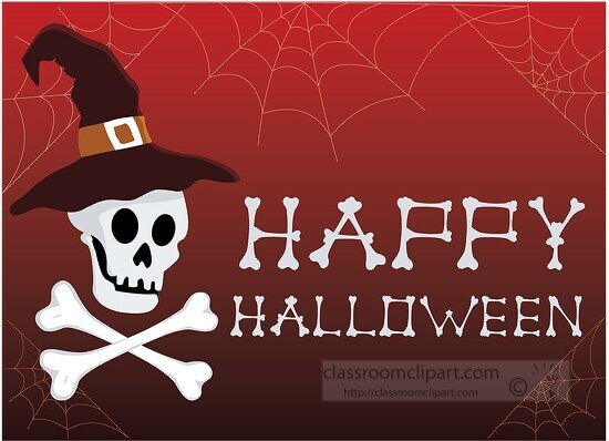 happy halloween with scary skeleton wearing hat clipart