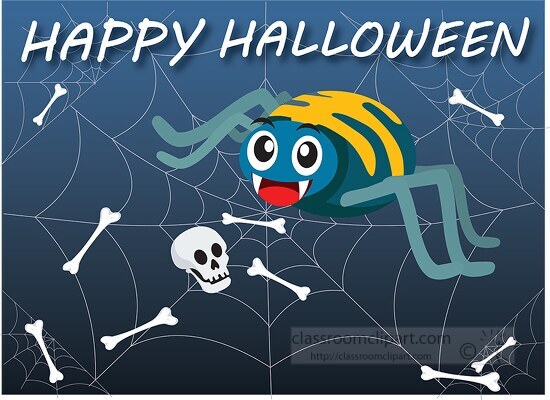 happy halloween with scary spider and human skull in web clipart