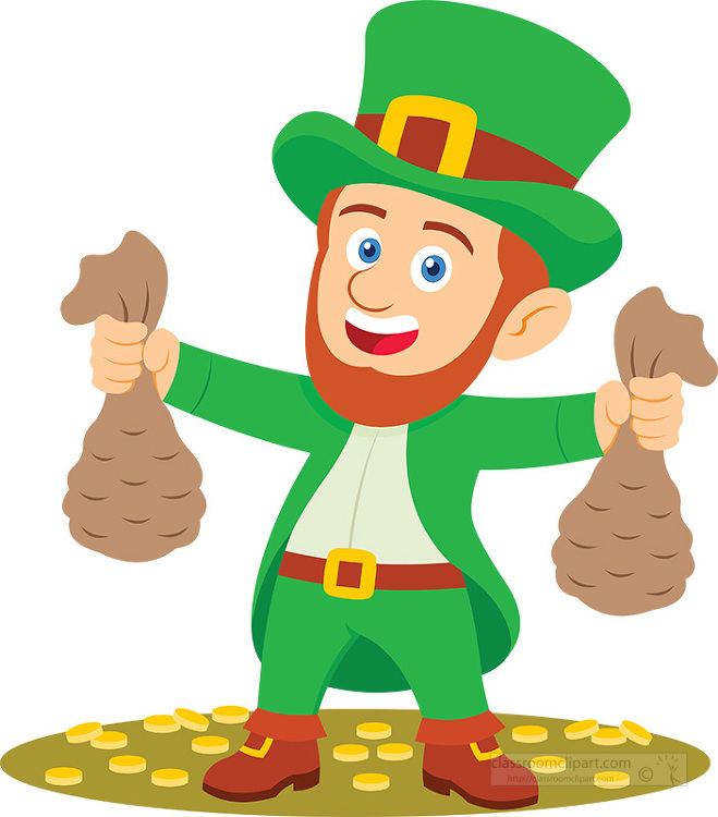 happy leprechaun with gold coin pouches st patricks day clipart 