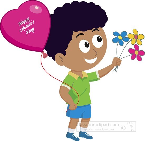 happy mothers day boy with flowers clipart