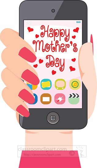 happy mothers day female hand holding cell phone clipart