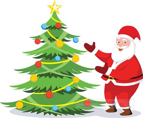 happy santa showing decorated xmas tree marry christmas clipart